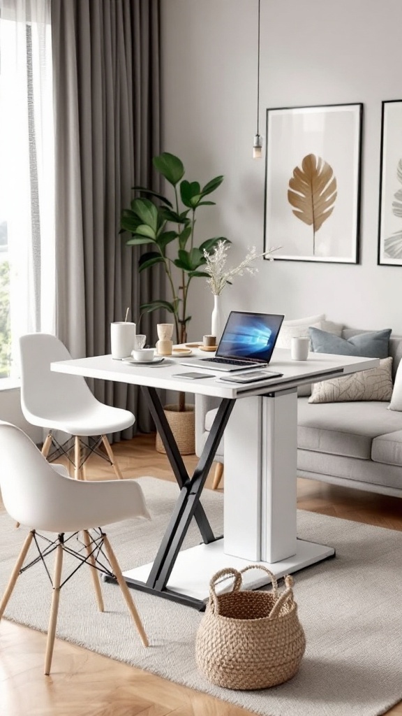 A convertible dining table desk setup in a living room with a laptop and stylish decor.