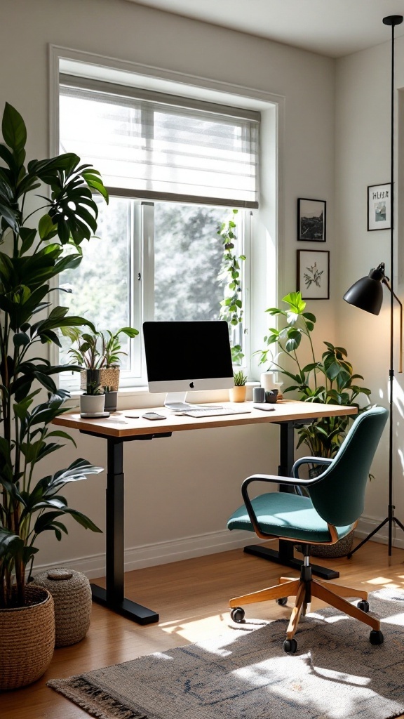 A cozy home office nook featuring a standing desk with adjustable height, surrounded by plants.