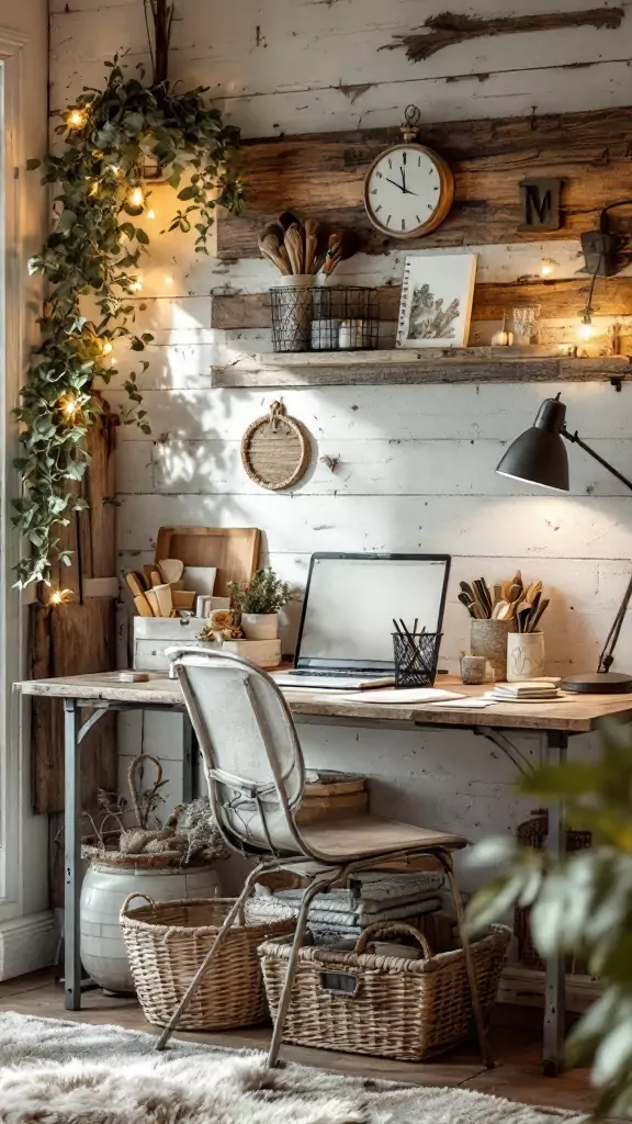 A rustic workspace featuring a wooden desk, wire baskets, and various decorative items.