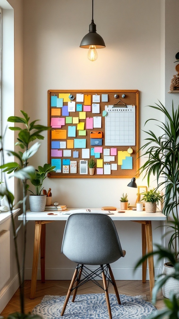 A cozy home office nook featuring a bulletin board with colorful notes and a calendar on the wall.