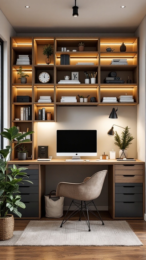 Stylish office interior with creative storage solutions