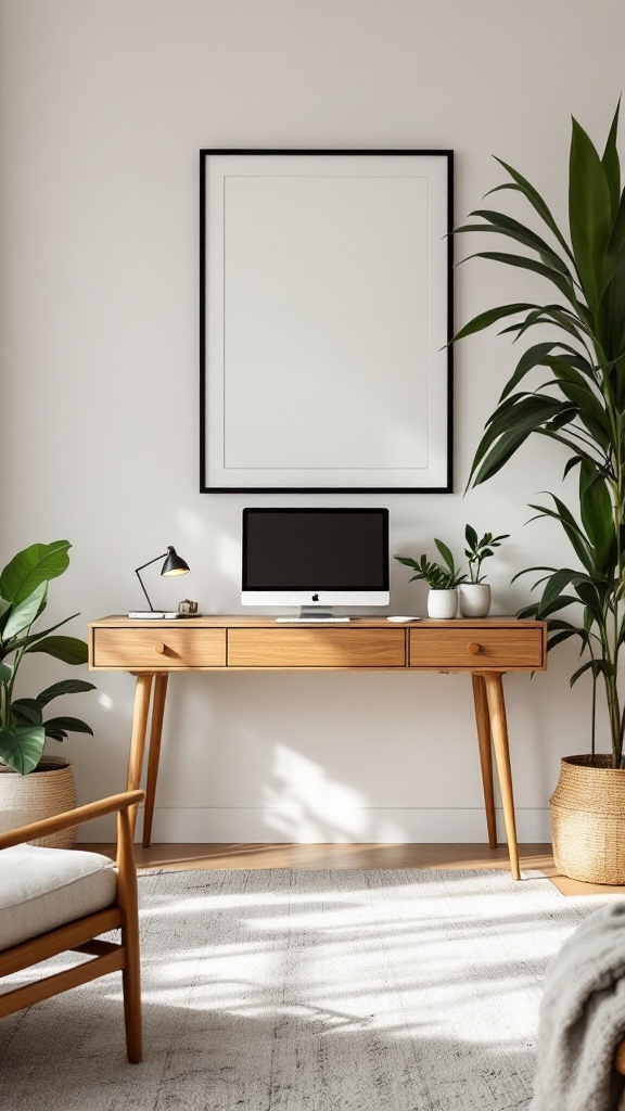 Mid-century style desk with computer and plants in a stylish office space.