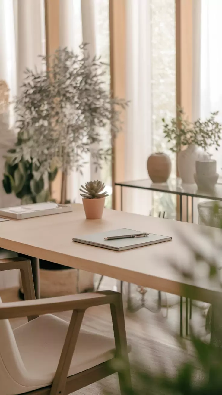 A minimalist white desk with a succulent and notebook in a serene office setting.