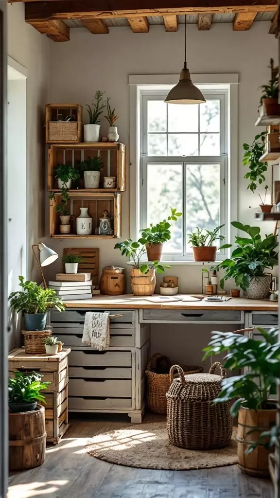 A cozy workspace featuring wooden crates as shelves and storage, adorned with plants and books.