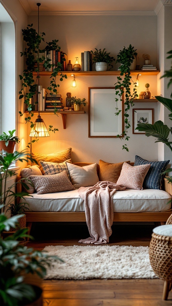 Cozy office nook featuring a daybed, bookshelves, and plants
