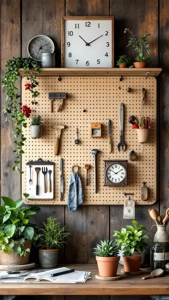 Rustic pegboard organizer with tools and plants in a cozy workspace