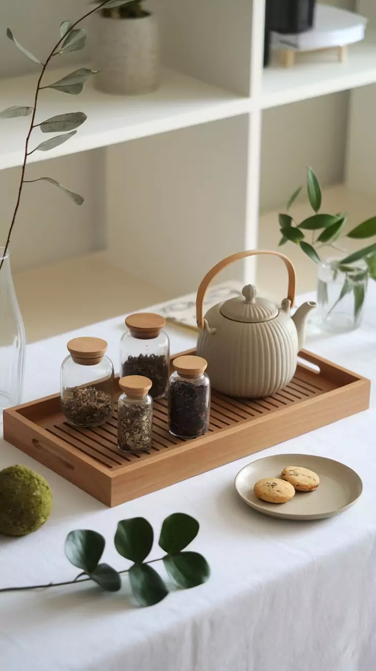 A serene tea station with a teapot, jars of tea leaves, and cookies on a wooden tray.