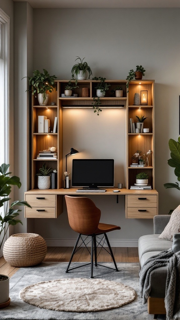 A stylish wall-mounted fold-out workstation in a cozy living room setup.