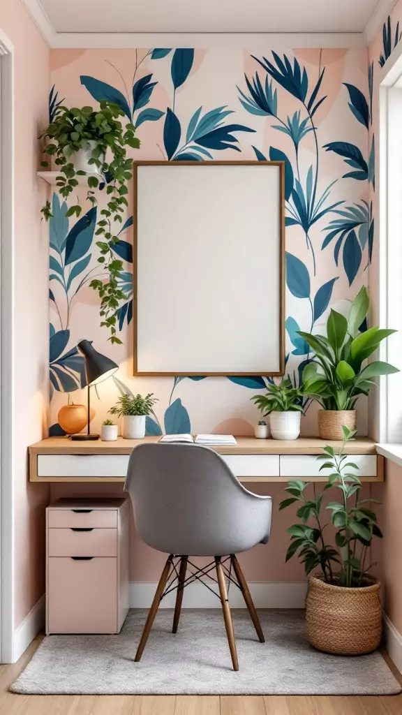 Cozy home office nook with bold wallpaper and plants.