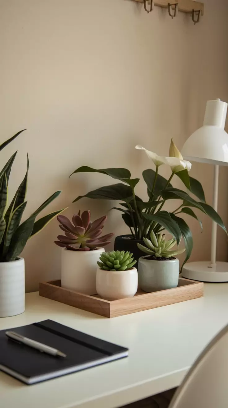 A minimalistic desk featuring various low-maintenance plants in stylish pots.