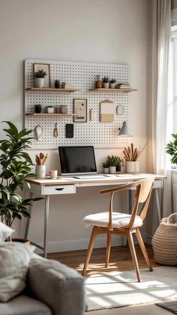 Scandi-style office area featuring a pegboard wall and a minimalist desk setup