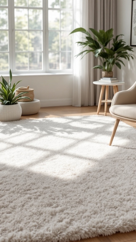 A cozy office space featuring a soft area rug, plants, and natural light.
