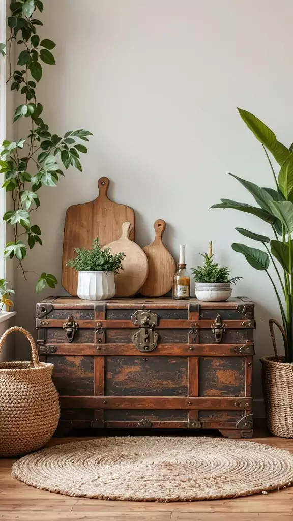 A vintage trunk adorned with plants and wooden cutting boards, creating a cozy rustic farmhouse atmosphere.
