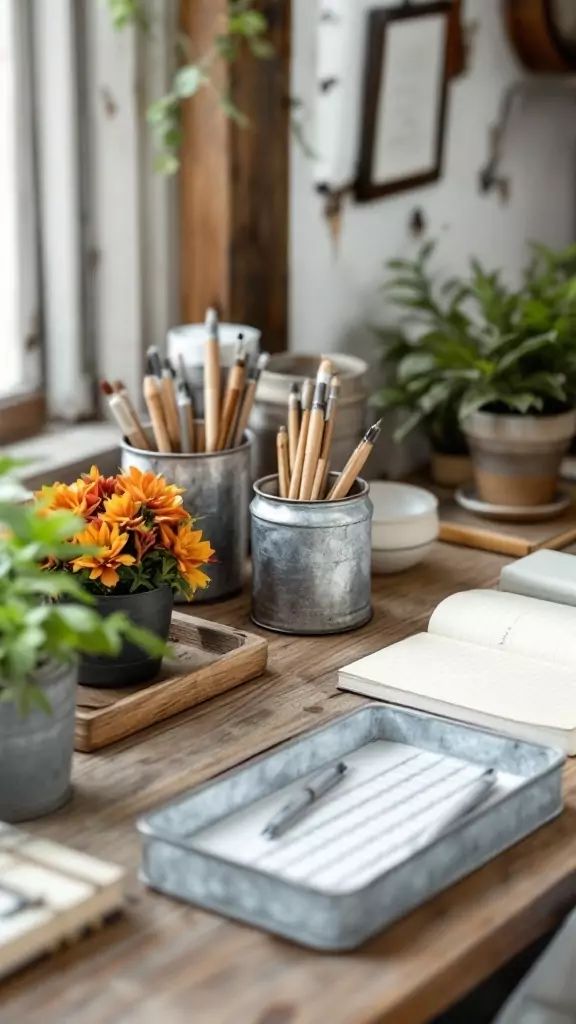 A cozy workspace featuring galvanized metal desk accessories with plants and flowers.