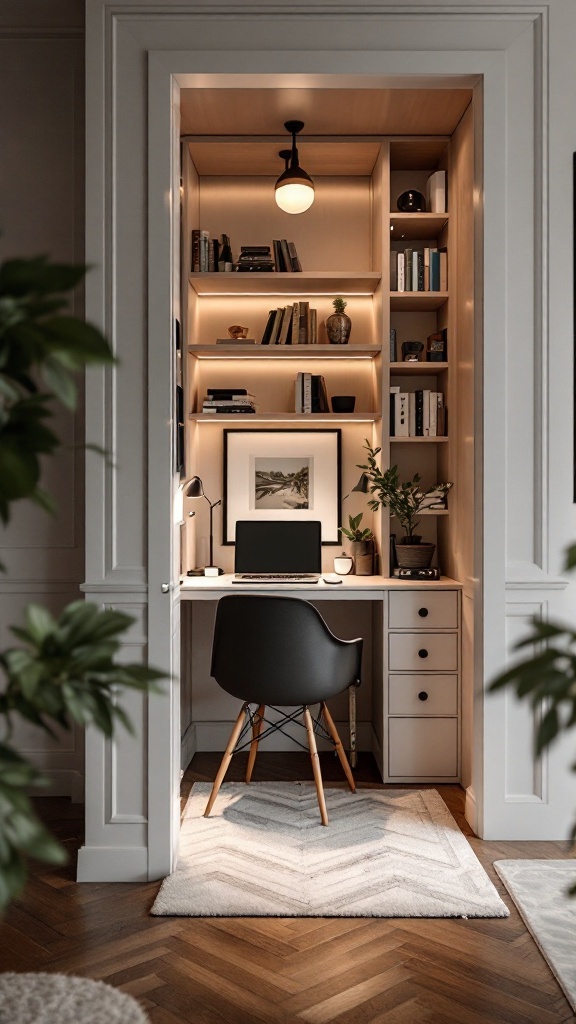 A hidden office nook behind a bookshelf door with a desk, chair, and shelves