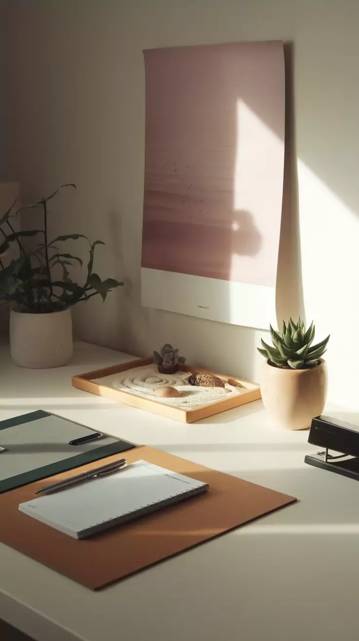 A minimalist desk setup featuring plants, a sand tray, and soft colors for a calming atmosphere.