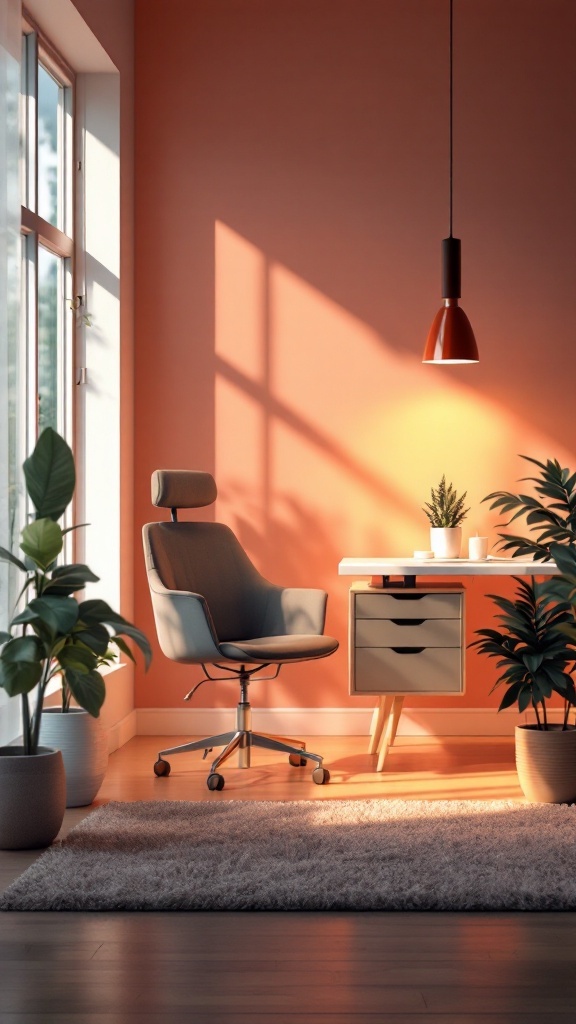 A cozy office space with warm ambient lighting, featuring a desk, chair, and plants.