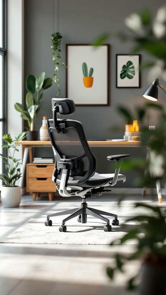 Ergonomic office chair in a bright workspace with plants and artwork.