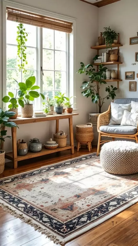 Cozy farmhouse-inspired area rug in a bright workspace with plants and natural light.