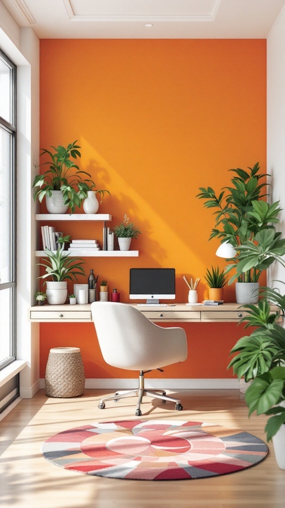 A cozy home office nook with a floating desk against an orange wall, decorated with plants.