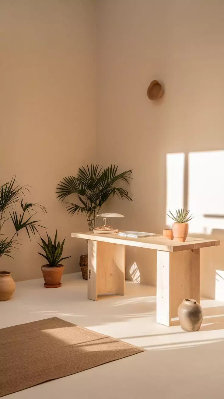 A minimalist Zen office space featuring a wooden table, potted plants, and soft lighting.