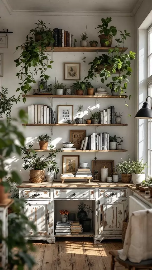 A cozy workspace featuring distressed wooden bookshelves filled with plants and books