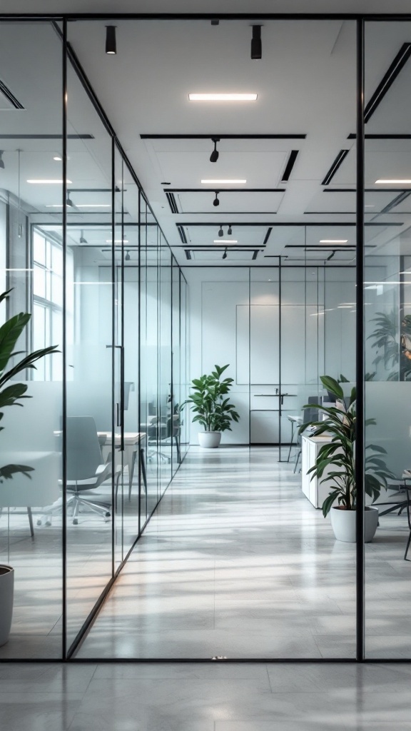 An office interior featuring glass partition walls and plants