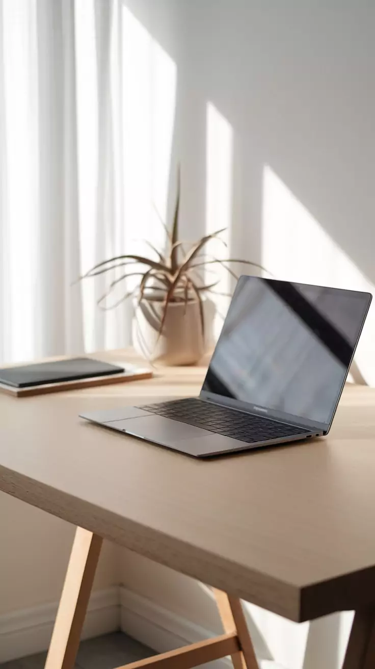 A simple minimalist desk setup with a laptop and a potted plant.