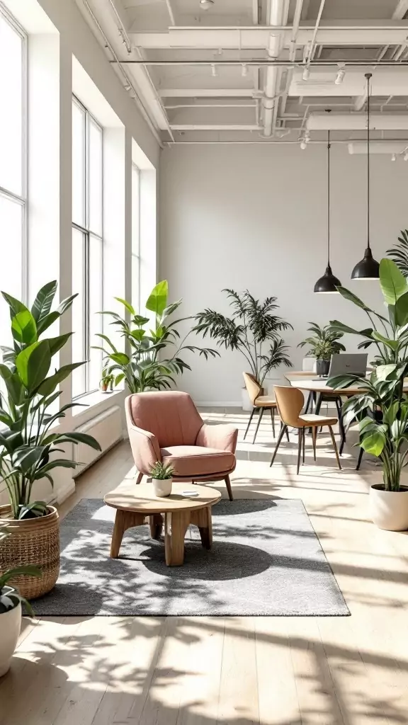 A bright and inviting open lounge work area with cozy seating and plants.