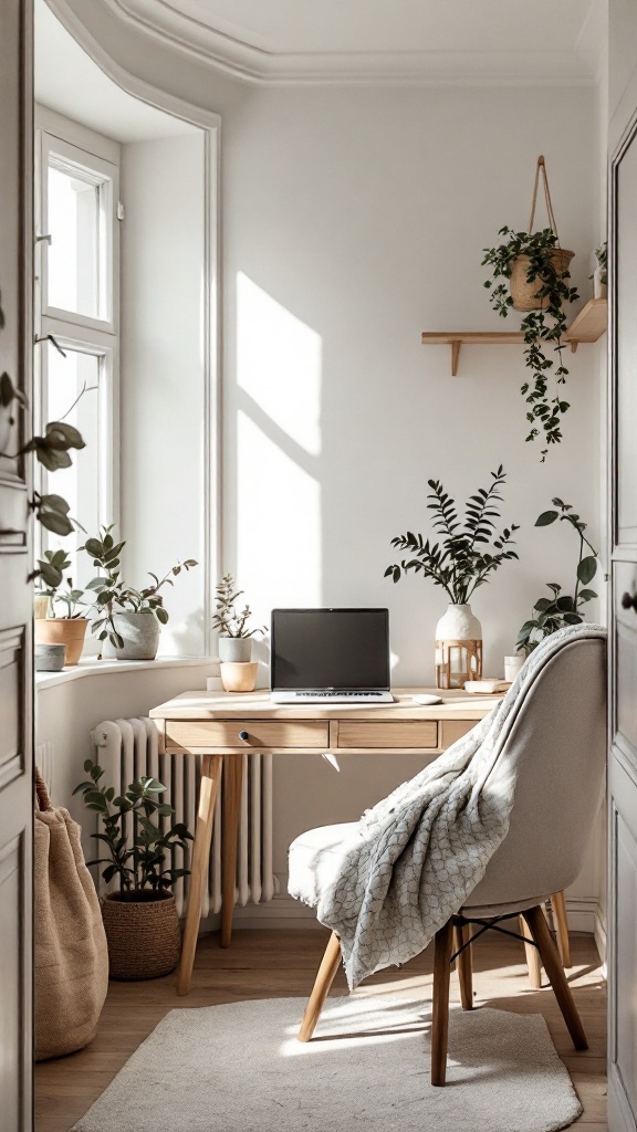 A Scandinavian-style kitchen office nook with a wooden desk and plants.