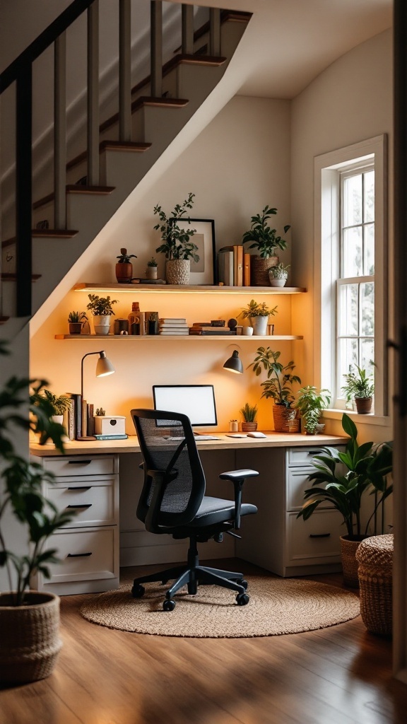 A cozy under-the-stairs office nook with plants and a desk