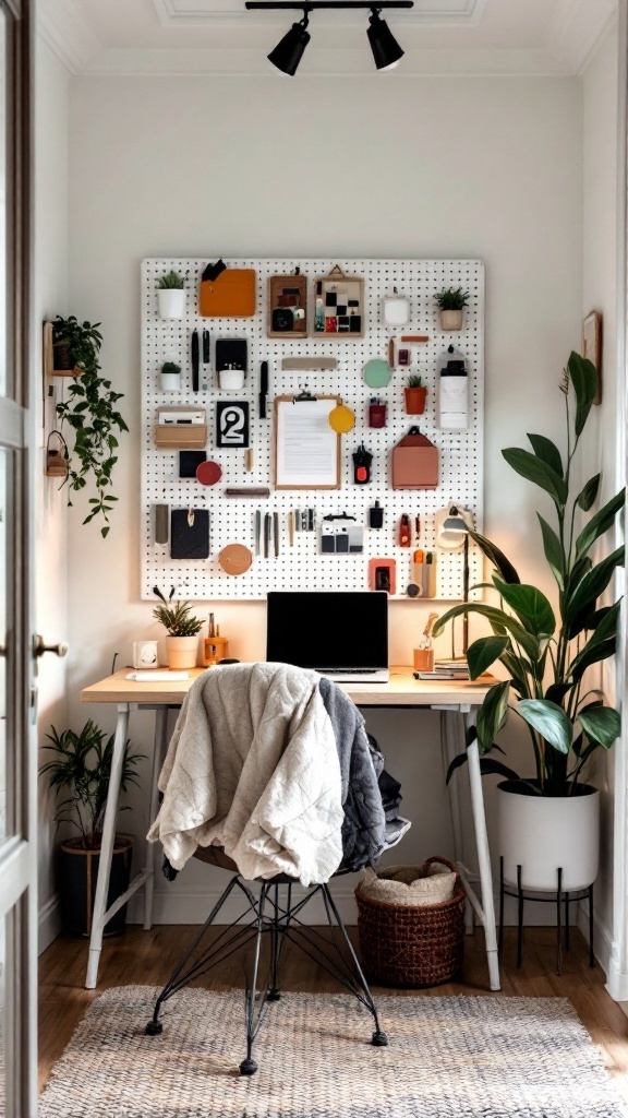Cozy home office nook with a pegboard wall for organizing supplies and a wooden desk