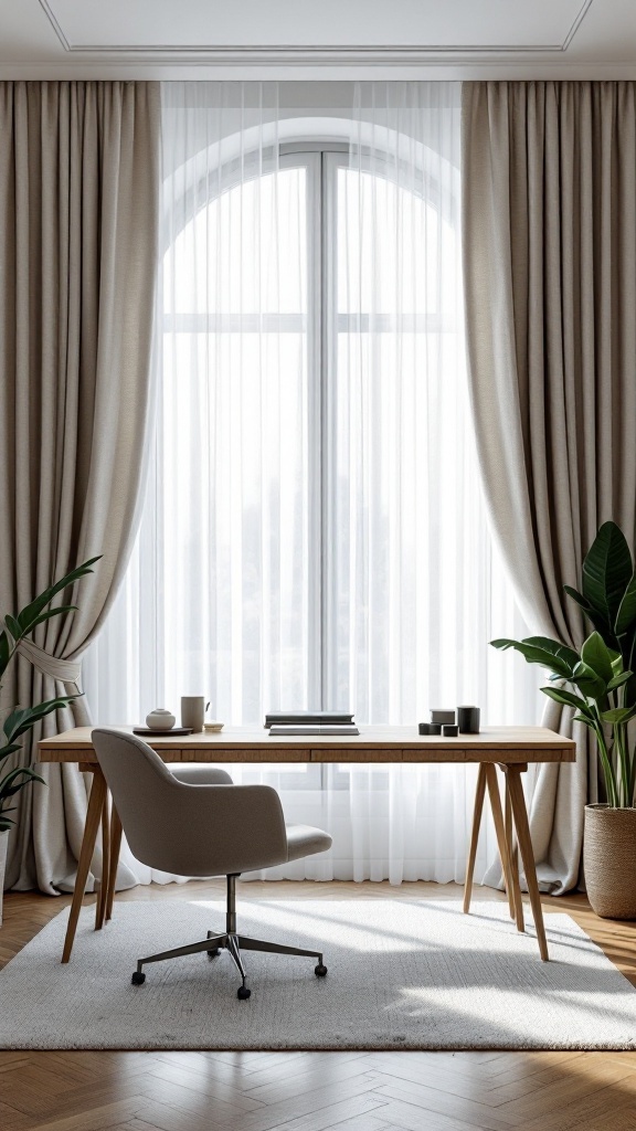 A stylish office with light curtains and a wooden desk, featuring plants and a comfortable chair.