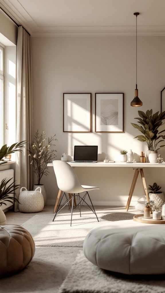 A neutral-toned office area in a living room, featuring a desk, chair, and plants.