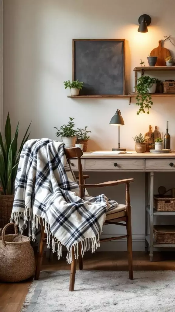 A cozy workspace featuring a plaid throw blanket draped over a wooden chair, with plants and decor on a desk.