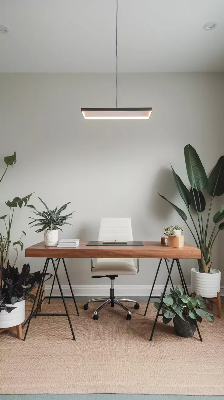 A minimalist office space featuring simple pendant lighting and plants.