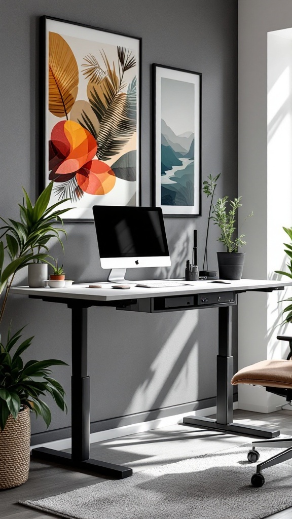 Stylish office interior featuring an adjustable standing desk with plants and artwork