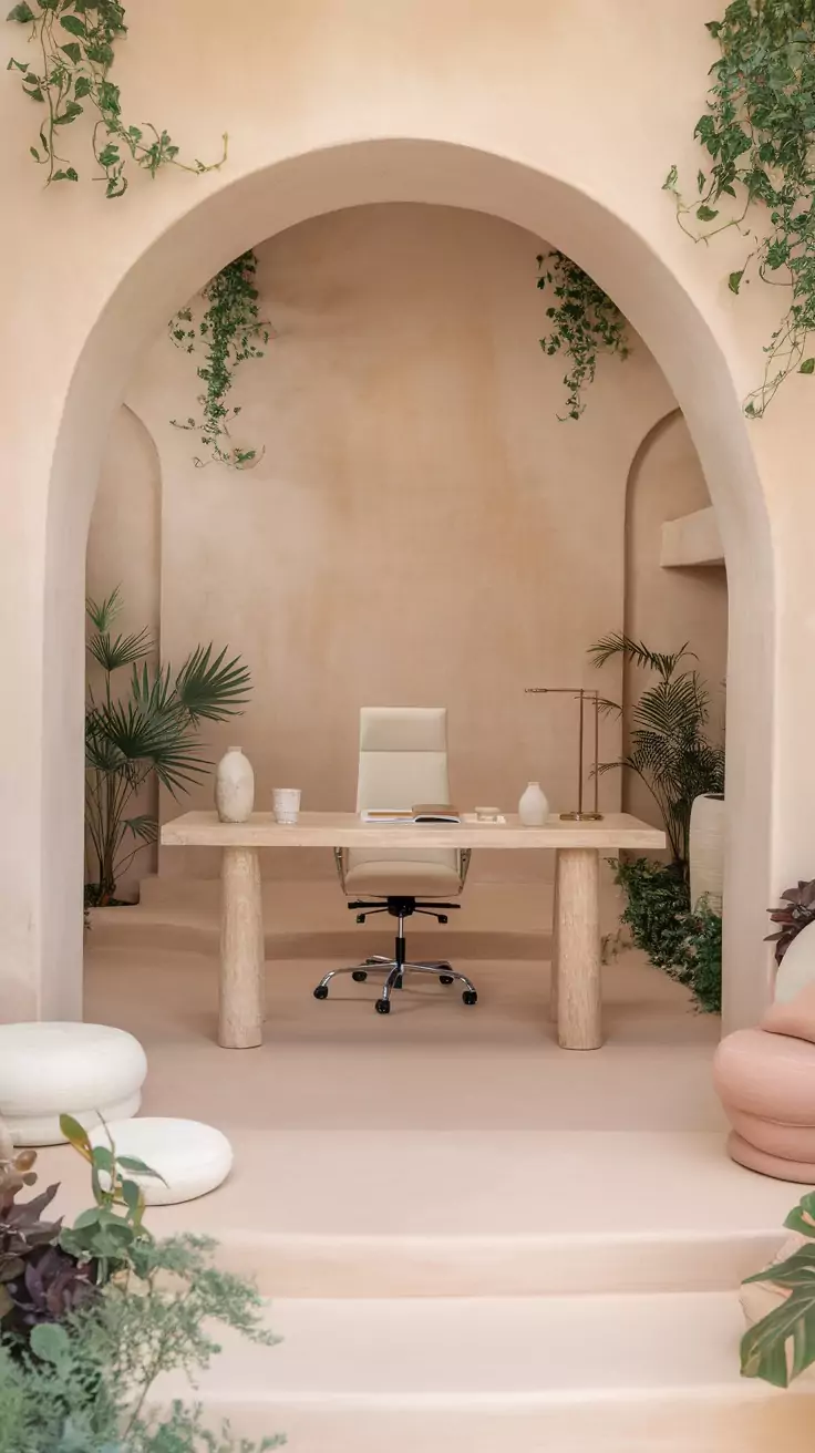 A minimalist Zen office space with soft colors and greenery.