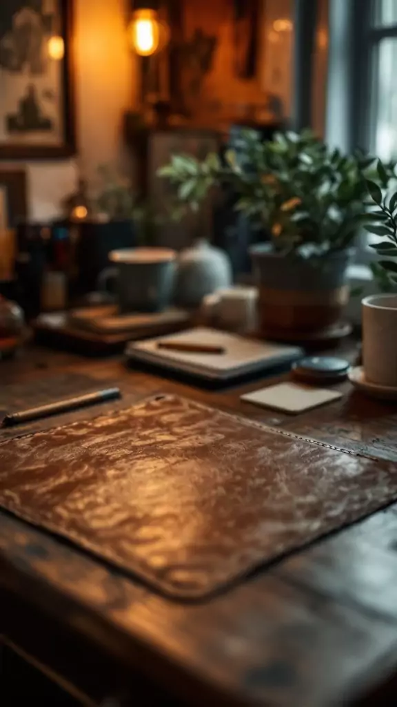 A rustic leather desk pad on a wooden table surrounded by plants and stationery.