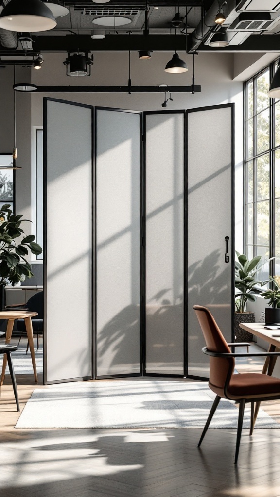 An office space featuring a foldable partition screen