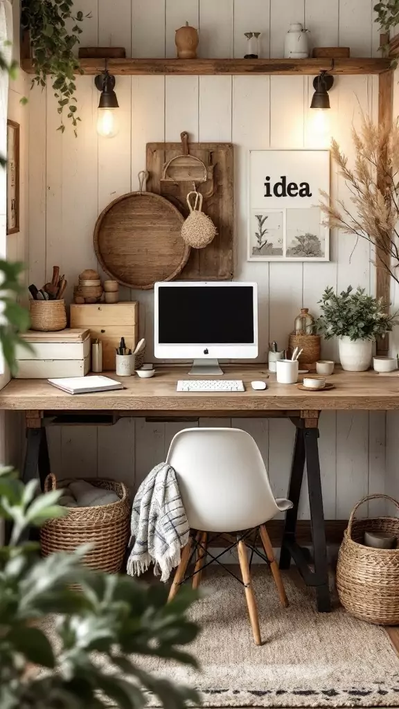 A cozy workspace with woven baskets for storage, featuring a desk, computer, and decorative items.