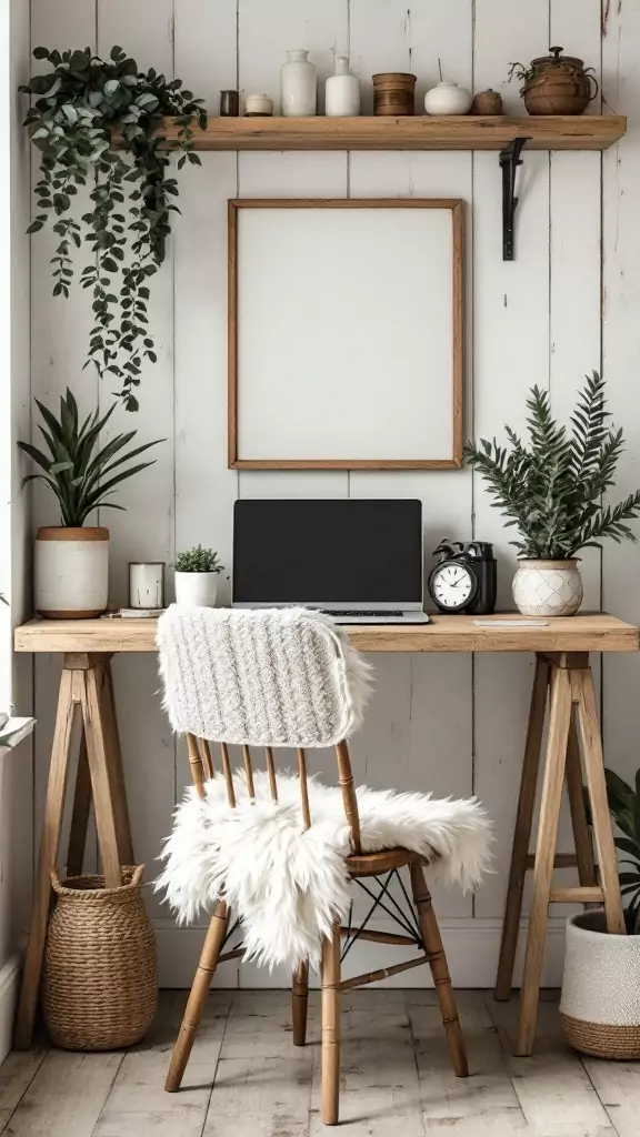 Cozy workspace featuring a faux fur seat cushion on a wooden chair, surrounded by plants and rustic decor.