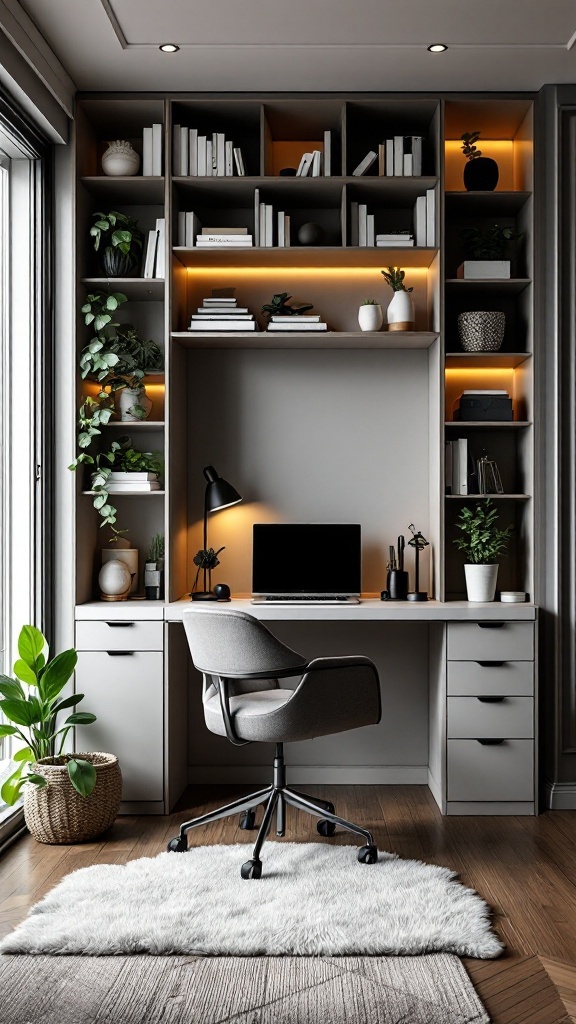 A stylish hidden office setup with shelves, plants, and a desk.