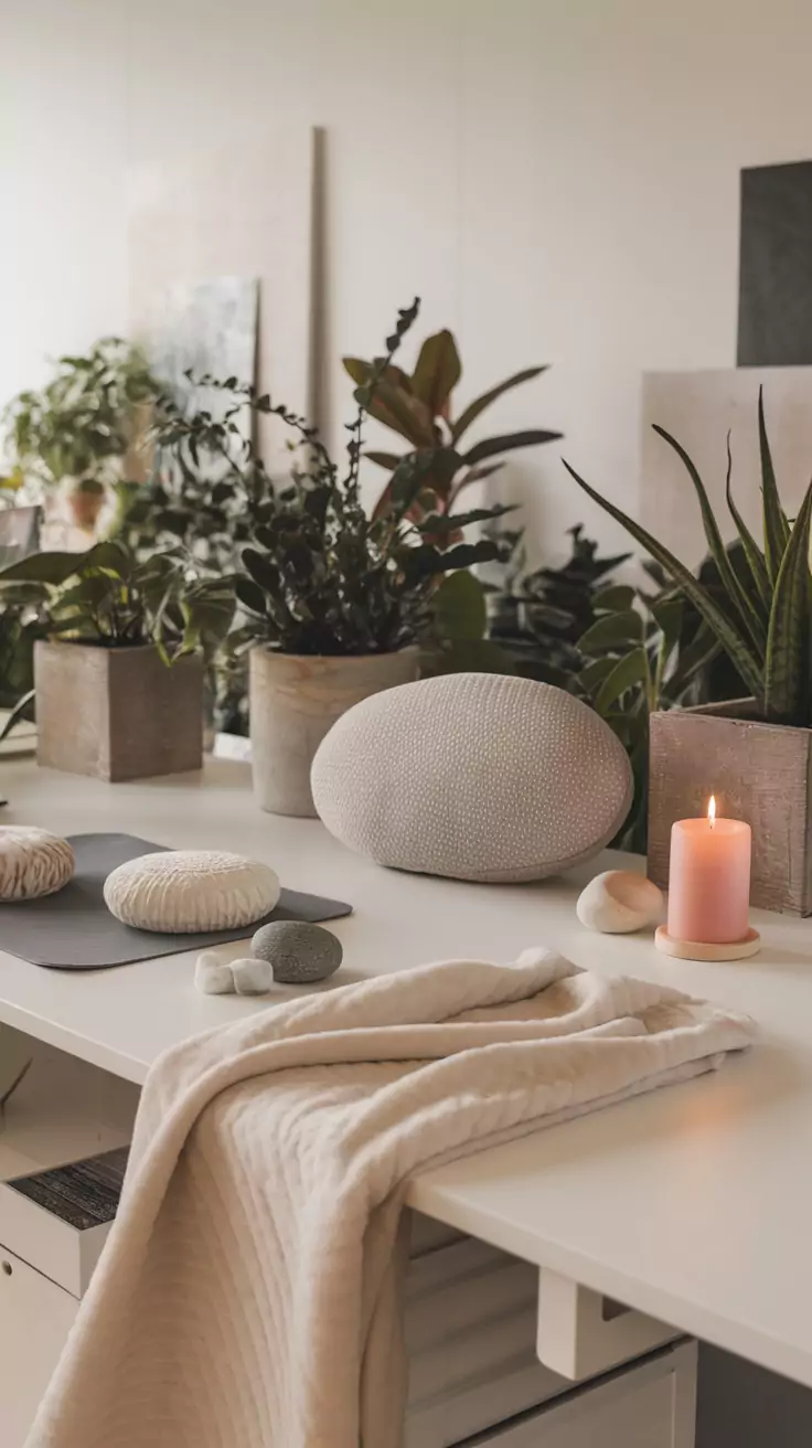 A cozy Zen office space featuring tactile comfort items like soft cushions, textured stones, and a warm blanket.