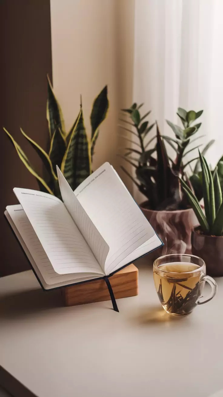 A daily mindfulness journal with an open page alongside a cup of tea and plants.