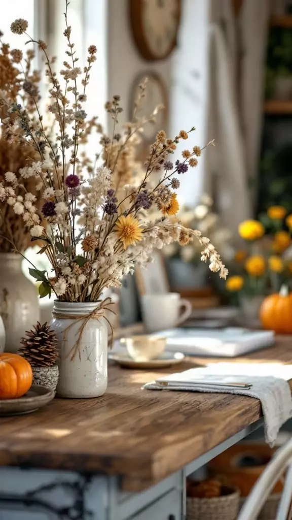 A rustic workspace featuring dried floral arrangements in jars, set on a wooden table.