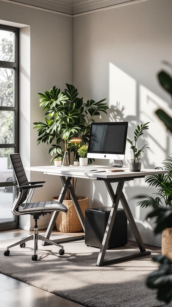 A serene office setup featuring a modern desk, ergonomic chair, and plants, creating a natural home office design.