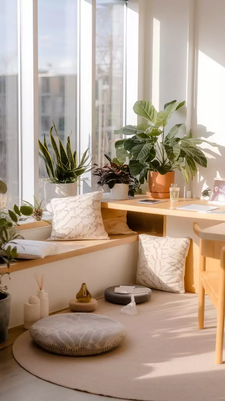 A bright and calming office space featuring cushions, plants, and natural light.