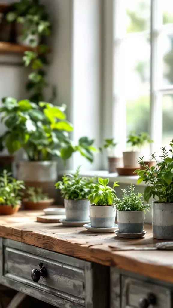 A cozy workspace with a wooden table adorned with small pots of herbs, surrounded by greenery.