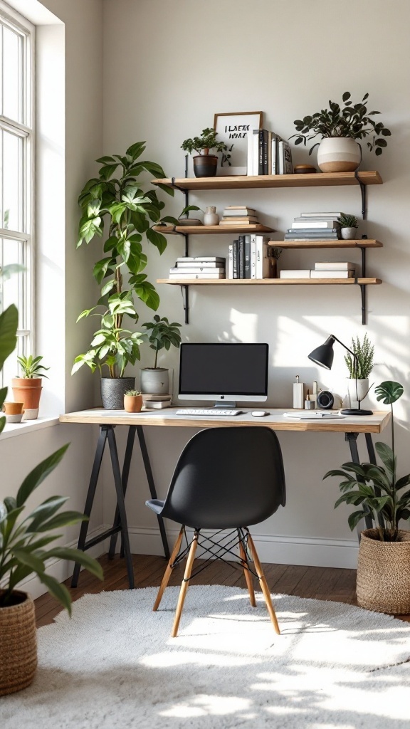 Cozy corner desk nook with floating shelves and plants